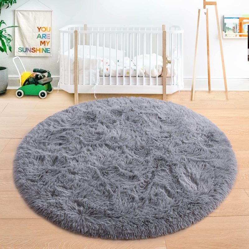 junovo Round Rug 4x4 Feet Fluffy Soft Area Rugs for Kids Girls Room Princess Castle Plush Shaggy Carpet Cute Circle Nursery Rug for Kids Girls Bedroom Baby Room Home Decor Circular Carpet, Grey - Image 3
